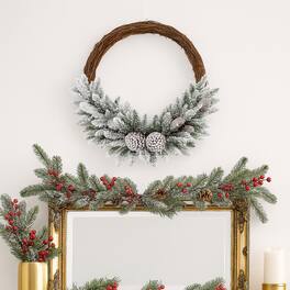 BreeBe - 35 Light Prelit Christmas Wreath Flocked with Pine Cones Design - Multicolor