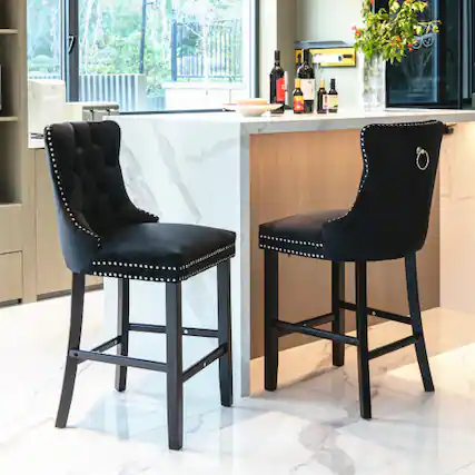 Front. LUCKY ONE - Assembled Velvet Bar Stool Set of 2 with Button Tufted Wood Legs Chrome Nailhead Trim - Black.