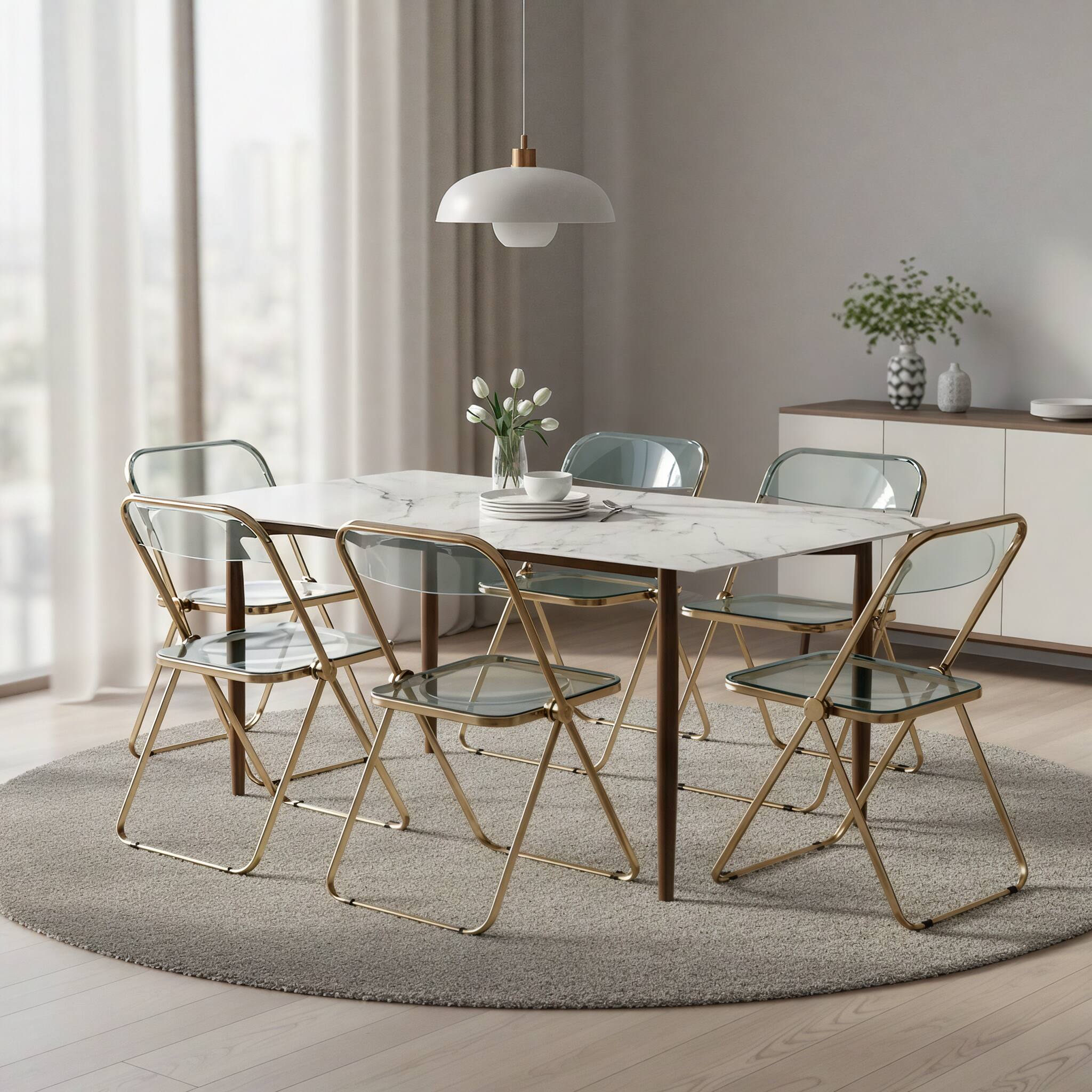 Angle. LeisureMod - Lawrence 4-PCS Modern Acrylic Folding Chair with Gold Chrome Steel Frame - Space-Saving Portable Chair - Jade Green.