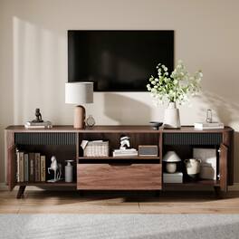Furnulem - Modern TV Stand Media Console with Built in Power Outlet USB C Charging Port Storage Cabinet for Living Room - American Walnut
