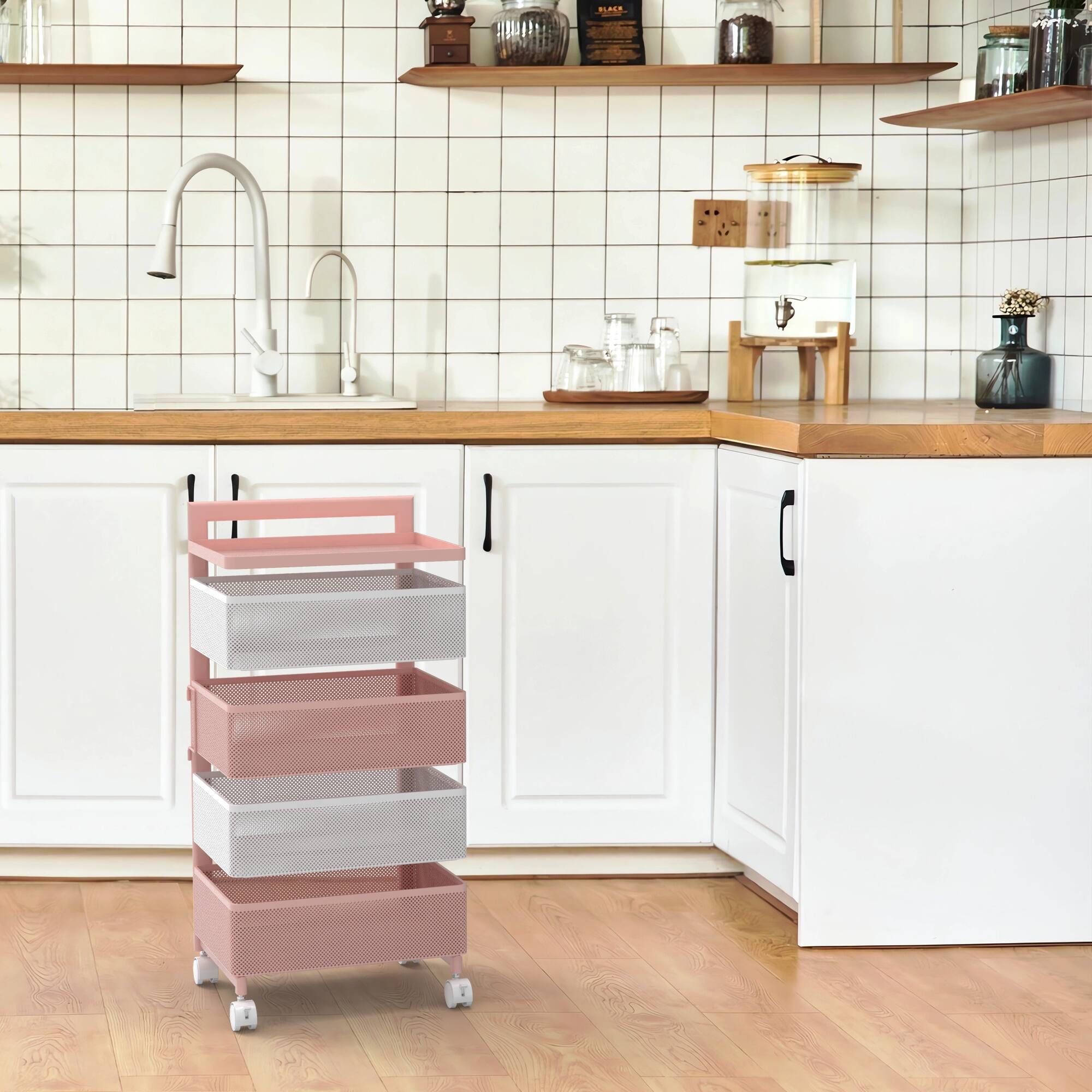 Alt View 4. Malletson - 5-Tier Rotating Kitchen Storage Cart with Wheels, Metal Mesh Organizer for Fruits, Vegetables, and Kitchen Supplies - White Pink.