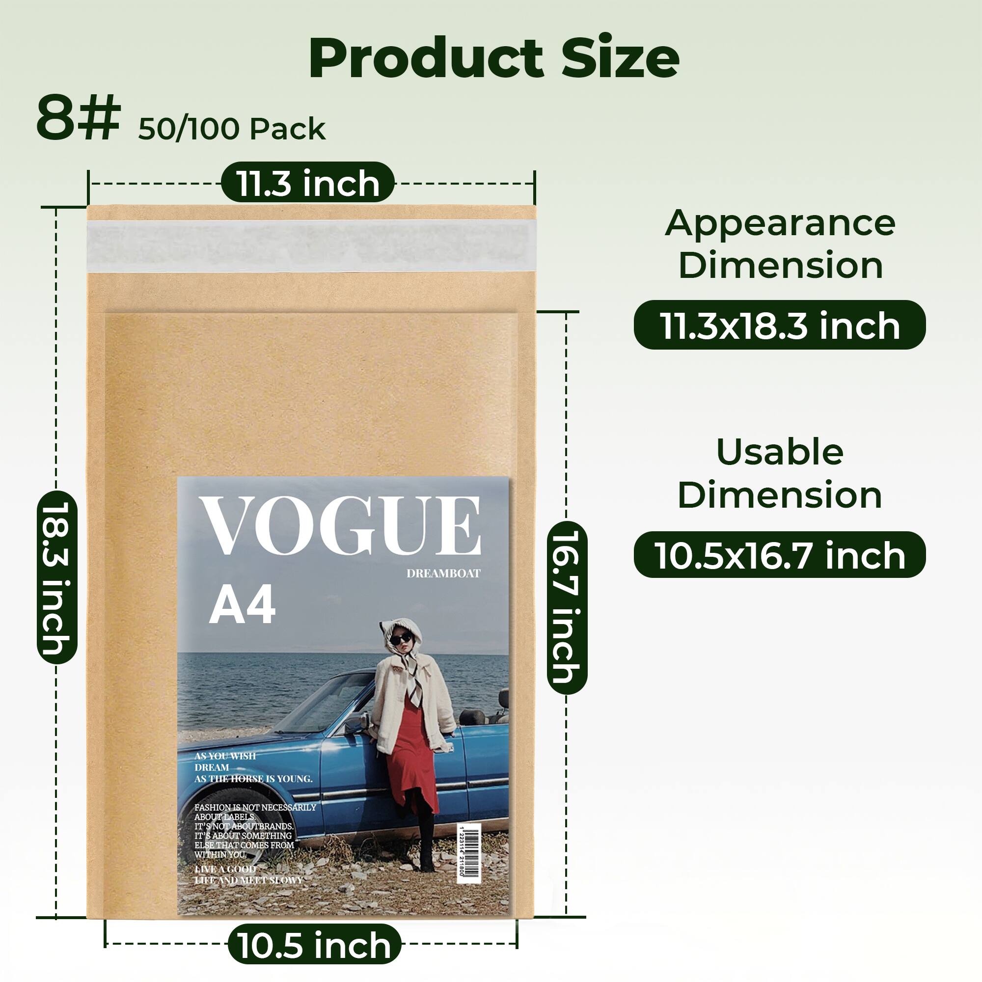 Product Size  
8#  
50/100 Pack  

Appearance Dimension  
11.3x18.3 inch  

Usable Dimension  
10.5x16.7 inch  

VOGUE  
DREAMBOAT  
A4  

AS YOU WISH  
AS THE HORSE IS YOUNG.  

FASHION IS NOT NECESSARILY ABOUT WHAT YOU BUY BUT HOW YOU USE IT. IT'S ABOUT SOMETHING WITHIN YOU.  
LIVE A GOOD LIFE, AND FEEL GOOD.