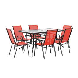 Emma + Oliver - Seven Piece Patio Table Set with Metal Table with Tempered Glass Top and 6 Flex Comfort Stacking Chairs - Red