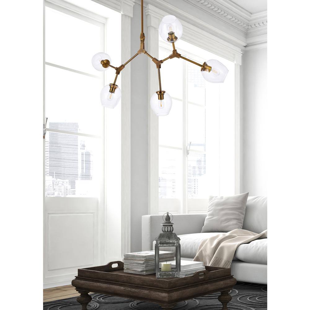Angle. Elegant Lighting - Cavoli 5 lights brass chandelier - Brass And Clear.
