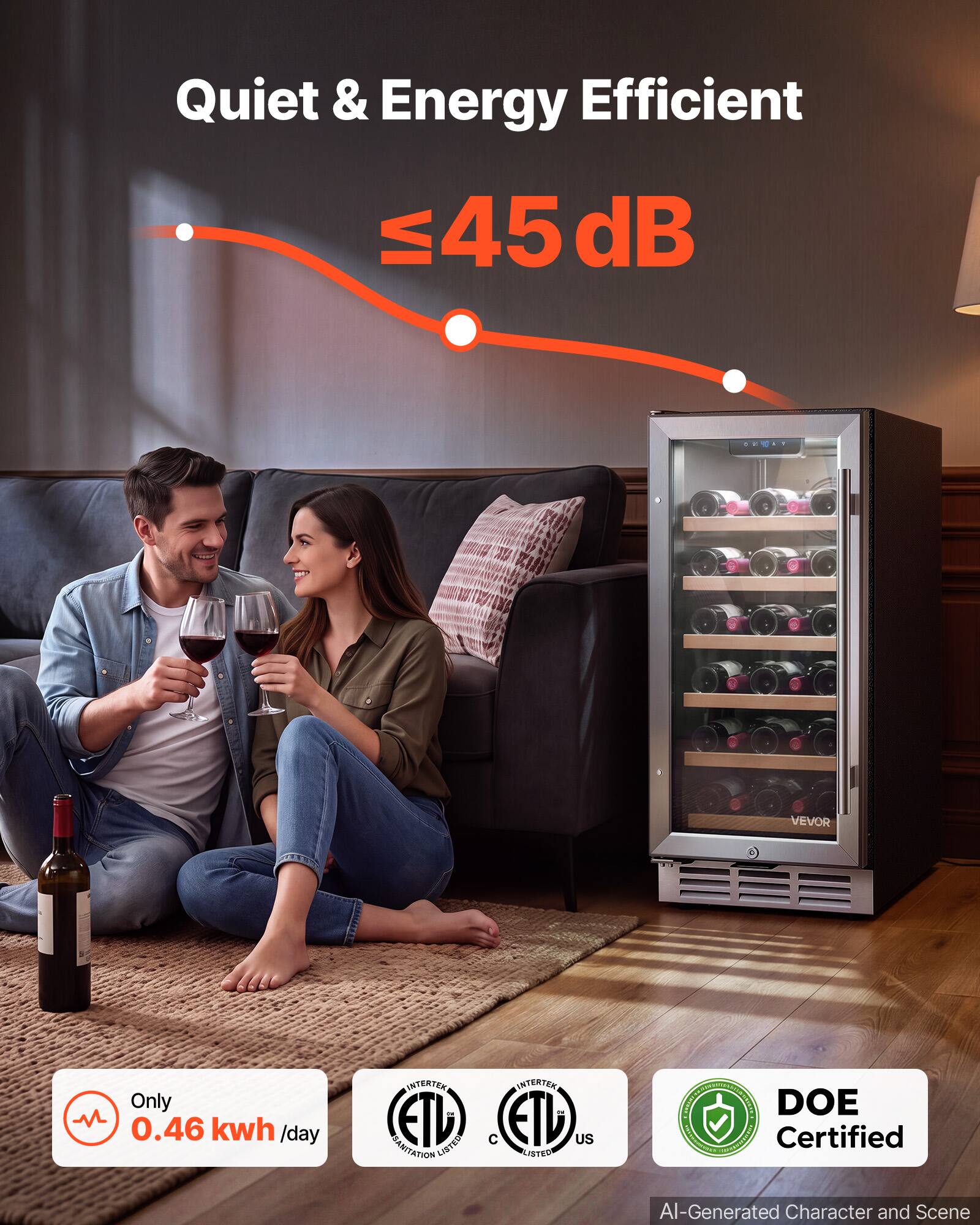 Quiet & Energy Efficient  
≤45 dB  

VEVOR  

Only 0.46 kwh/day  

INTERTEK ETL LISTED SANITATION  
INTERTEK C FTH US LISTED  

DOE Certified  

AI-Generated Character and Scene