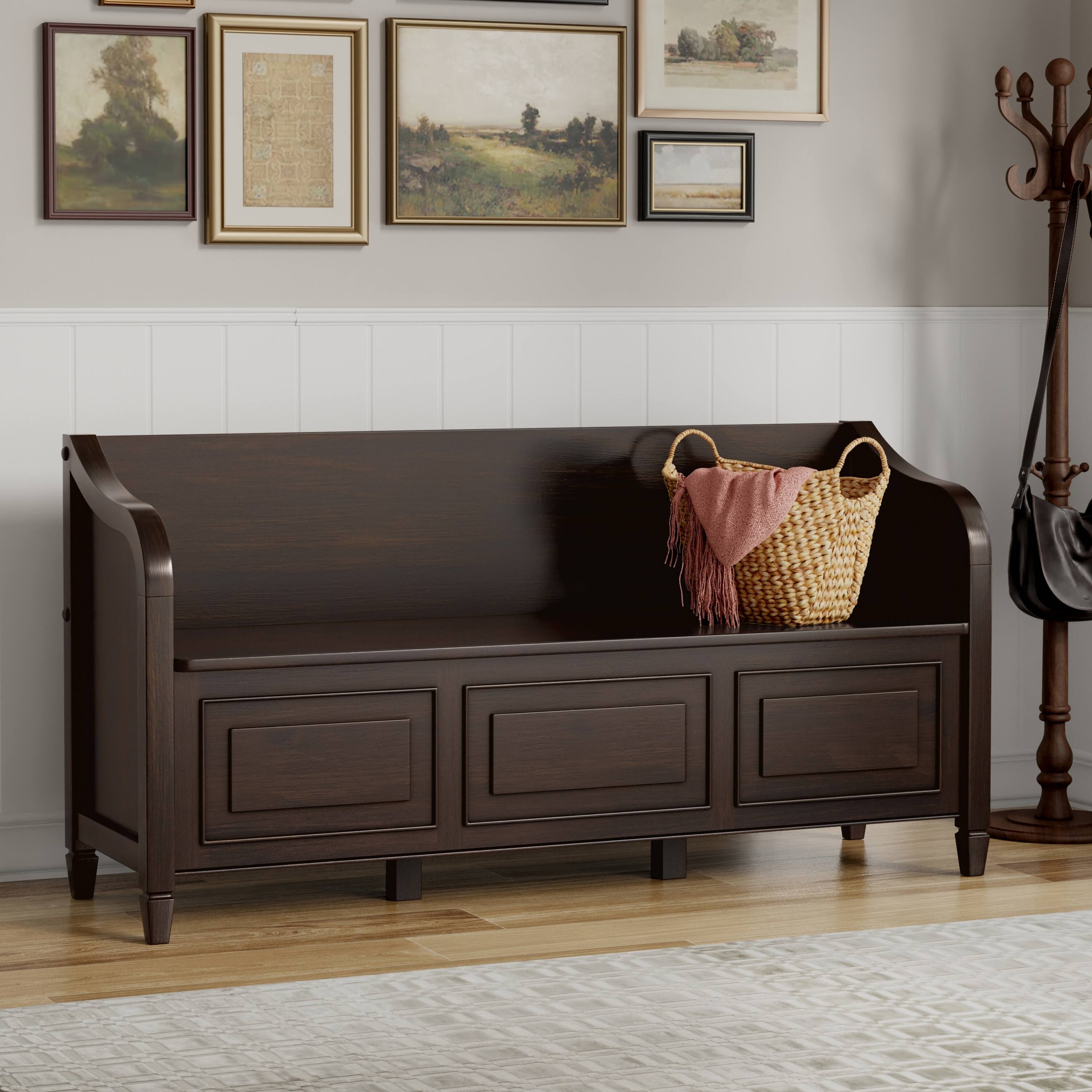 Angle. Simpli Home - Connaught SOLID WOOD 56 inch Wide Traditional Wide Entryway Storage Bench in Chestnut Brown - Chestnut Brown.