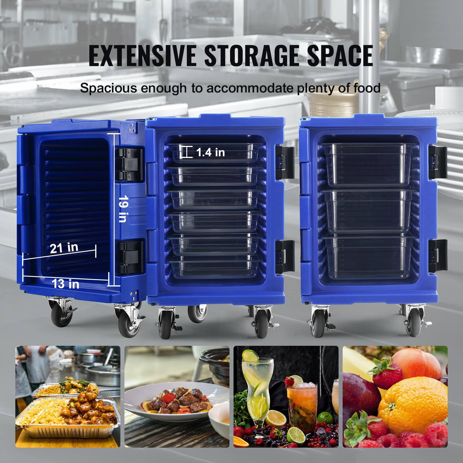 Extensive storage space: Spacious enough to accommodate plenty of food. 1.4 in, 13 in, 19 in, 21 in.