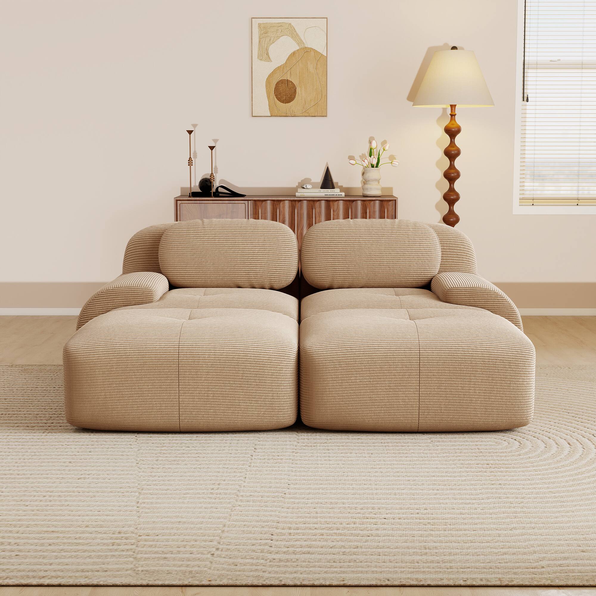 Angle. Aukfa - 2 Seats + 2 Ottoman Modular Corduroy Sectional Sofa - Ergonomic Support, Pet Friendly, Easy Assembly, Non-Slip Base - Camel.