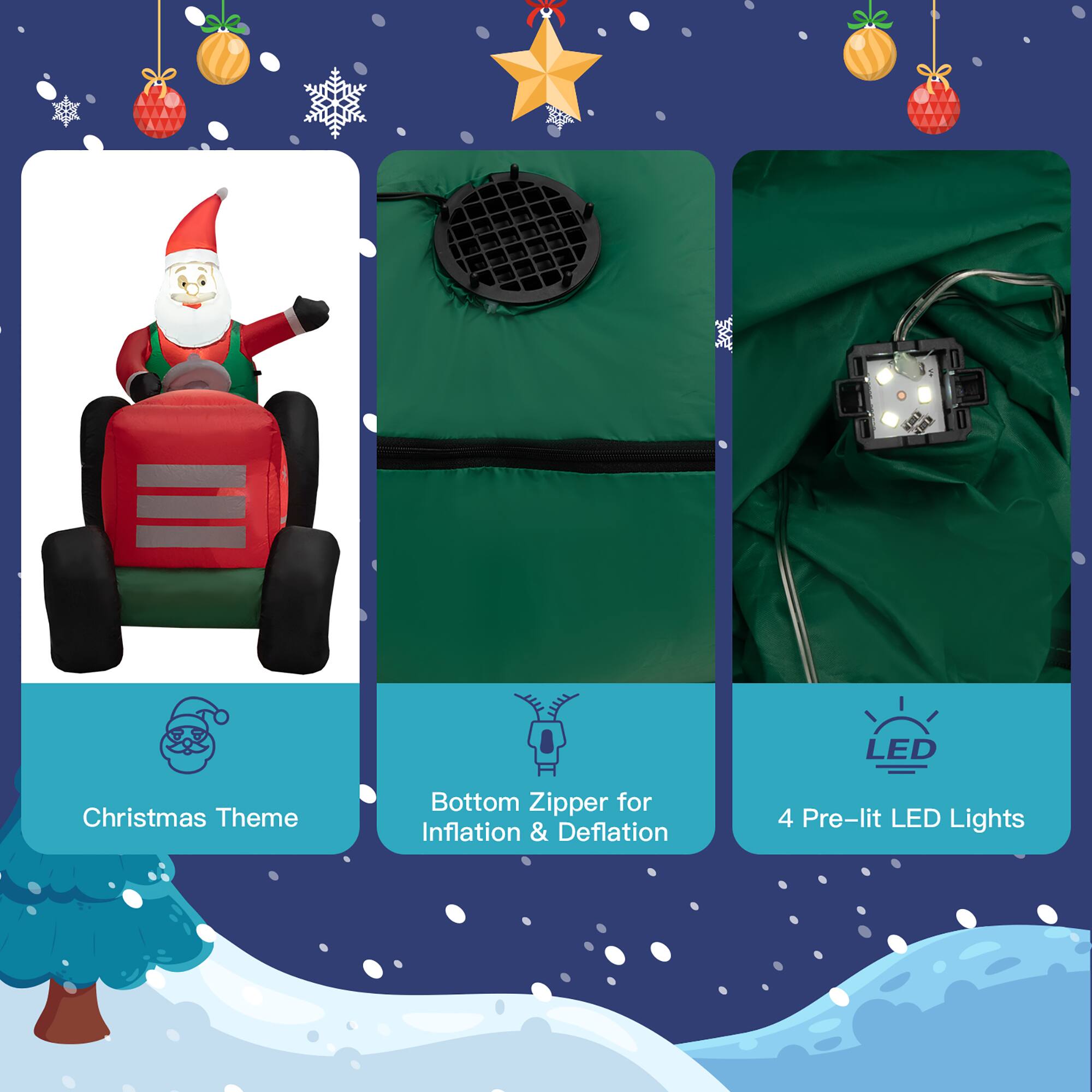 The text on the image is grouped and corrected as follows:

1. Christmas Theme: This refers to the Santa Claus figurine and the Christmas tree in the image.
2. Bottom Zipper: This refers to the zipper on the green item, which is likely a Christmas-themed inflatable.
3. Inflation & Deflation: This refers to the inflatable item's ability to be inflated and deflated.
4. Pre-lit LED Lights: This refers to the four LED lights on the green item, which are likely used for decoration or illumination.