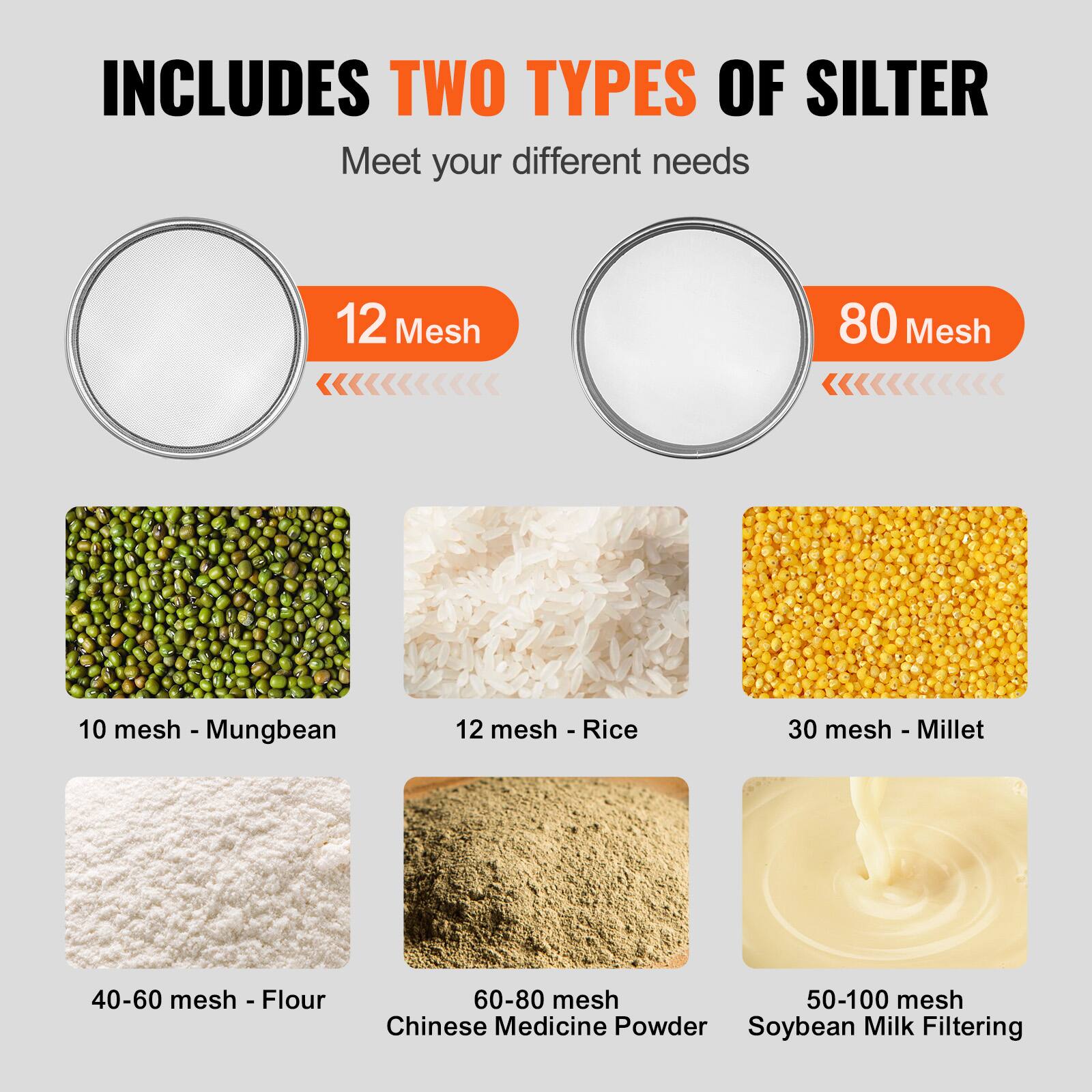 INCLUDES TWO TYPES OF SILTER  
Meet your different needs  

12 Mesh  
80 Mesh  

10 mesh - Mungbean  
12 mesh - Rice  
30 mesh - Millet  
40-60 mesh - Flour  
60-80 mesh - Chinese Medicine Powder  
50-100 mesh - Soybean Milk Filtering
