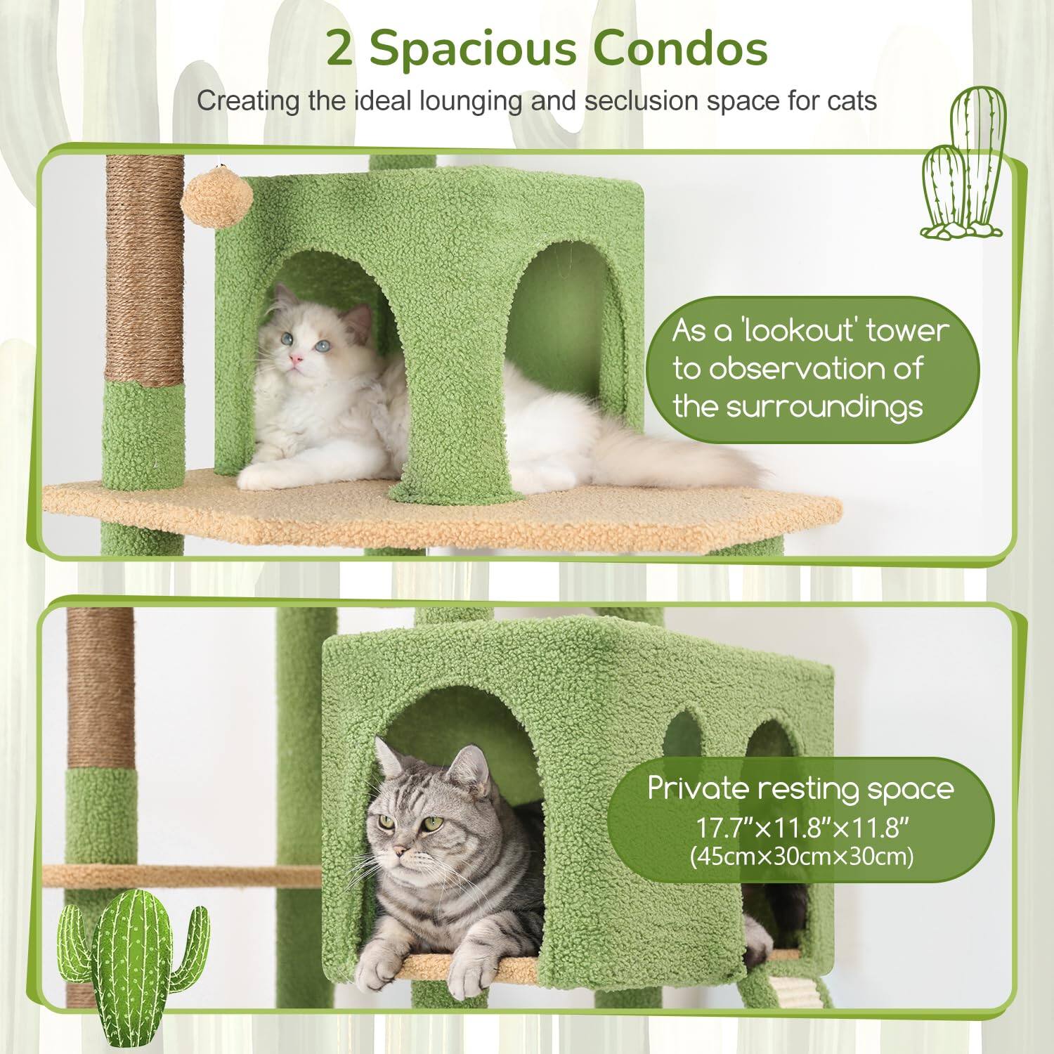 2 Spacious Condos  
Creating the ideal lounging and seclusion space for cats  

As a 'lookout' tower to observation of the surroundings  

Private resting space  
17.7" x 11.8" x 11.8" (45cm x 30cm x 30cm)
