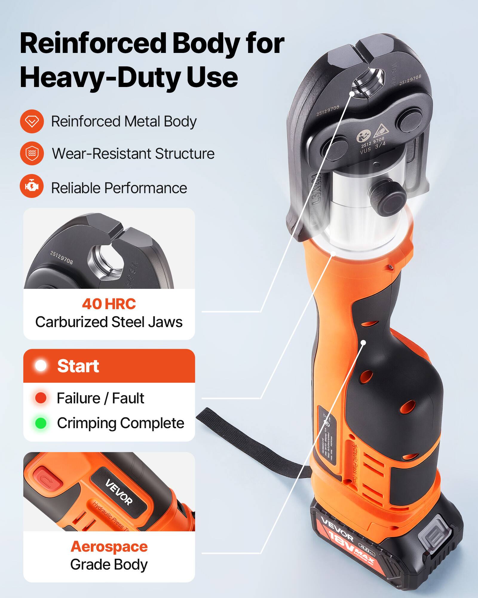 Reinforced Body for Heavy-Duty Use

- Reinforced Metal Body
- Wear-Resistant Structure
- Reliable Performance

40 HRC Carburized Steel Jaws

- Start
- Failure / Fault
- Crimping Complete

Aerospace Grade Body

VEVOR 18V MAX