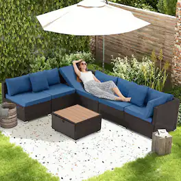 U-HOMY - 7-Piece Modular Outdoor Rattan Sofa Set – All-Weather Wicker Patio Furniture with Storage Table, Cushions & Pillows - Blue