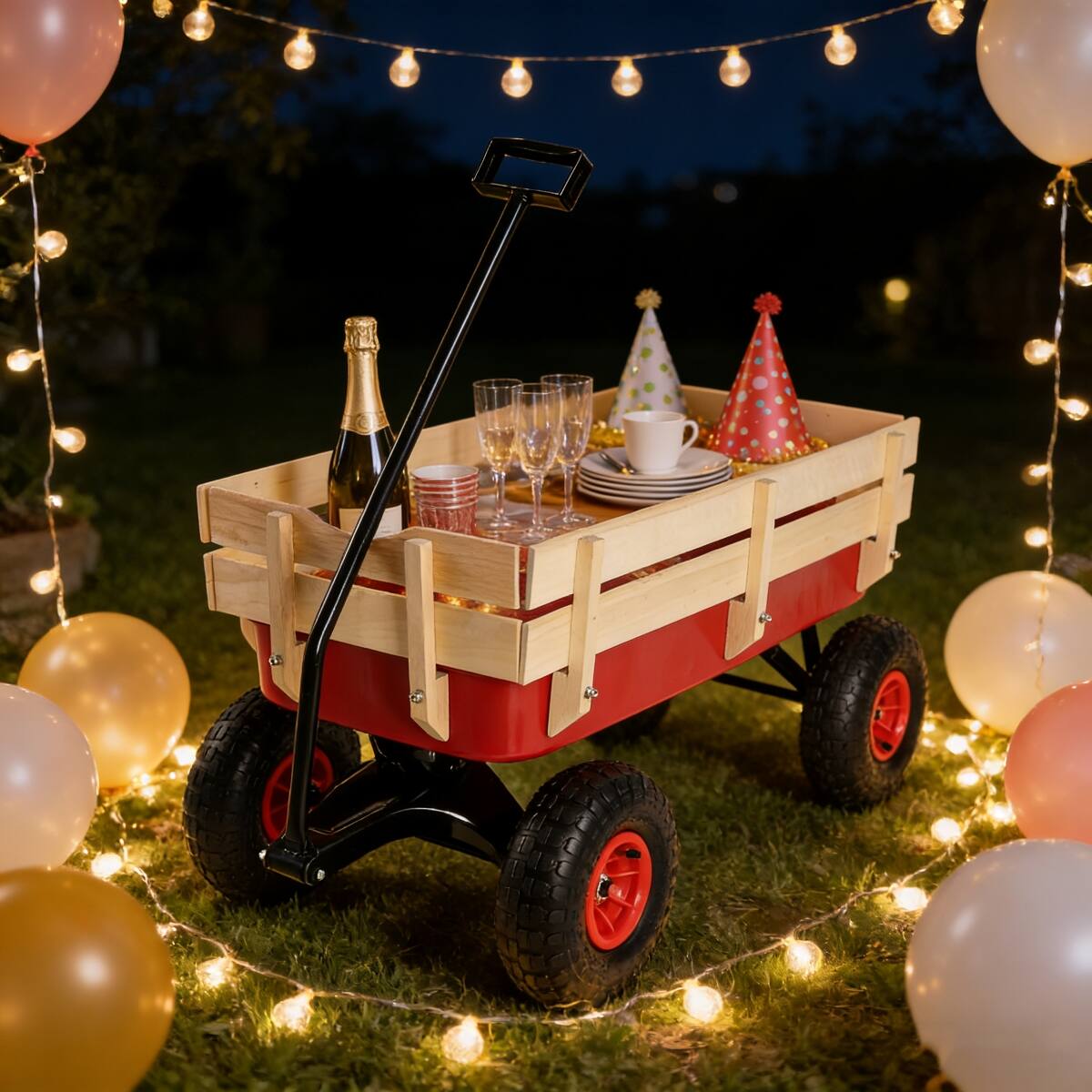 Alt View 2. Loheer - Loheer Garden Wagon Cart with Removable Wood Sides, Air Tires and Adjustable Handle, Red.
