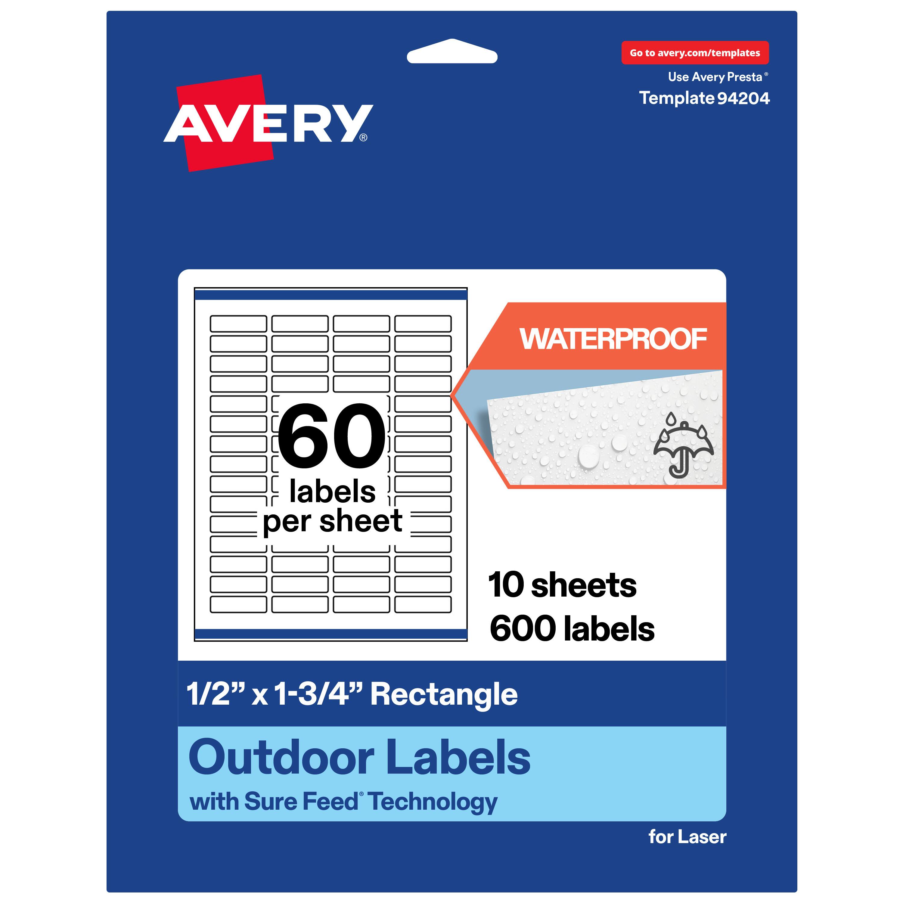 Go to avery.com/templates  
Use Avery Presta* Template 94204  

WATERPROOF  
60 labels per sheet  
10 sheets  
600 labels  

1/2" x 1-3/4" Rectangle  
Outdoor Labels with Sure Feed Technology for Laser