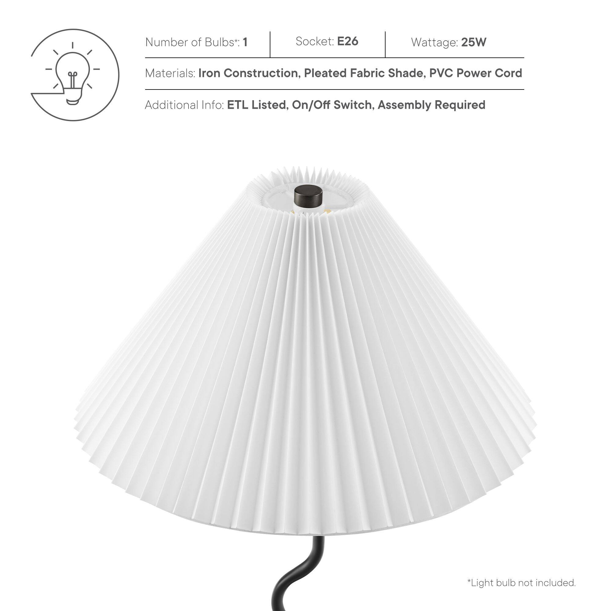 Number of Bulbs*: 1  
Socket: E26  
Wattage: 25W  

Materials: Iron Construction, Pleated Fabric Shade, PVC Power Cord  

Additional Info: ETL Listed, On/Off Switch, Assembly Required  

*Light bulb not included.