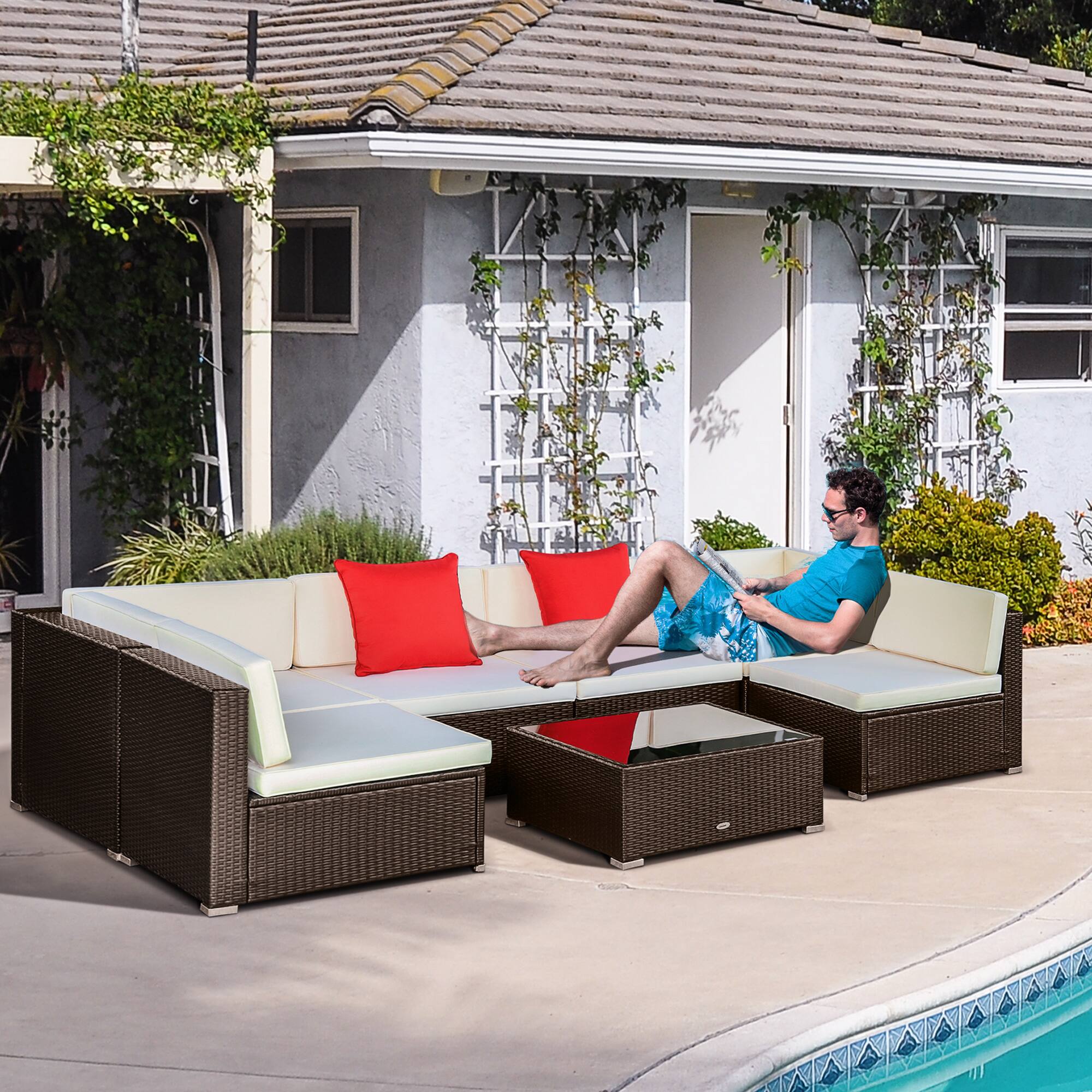 Alt View 1. Outsunny - 7 Piece Outdoor Patio Furniture Set, PE Rattan Wicker Sectional Sofa Set with Couch Cushions - Cream White.