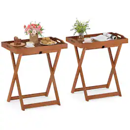 Gymax - Solid Wood Tray Table Set of 2 w/Removable Top Rectangular TV Tray Bistro Table - Yellow