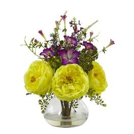 BreeBe - 14.5" Rose and Morning Glory Arrangement with Vase - Yellow