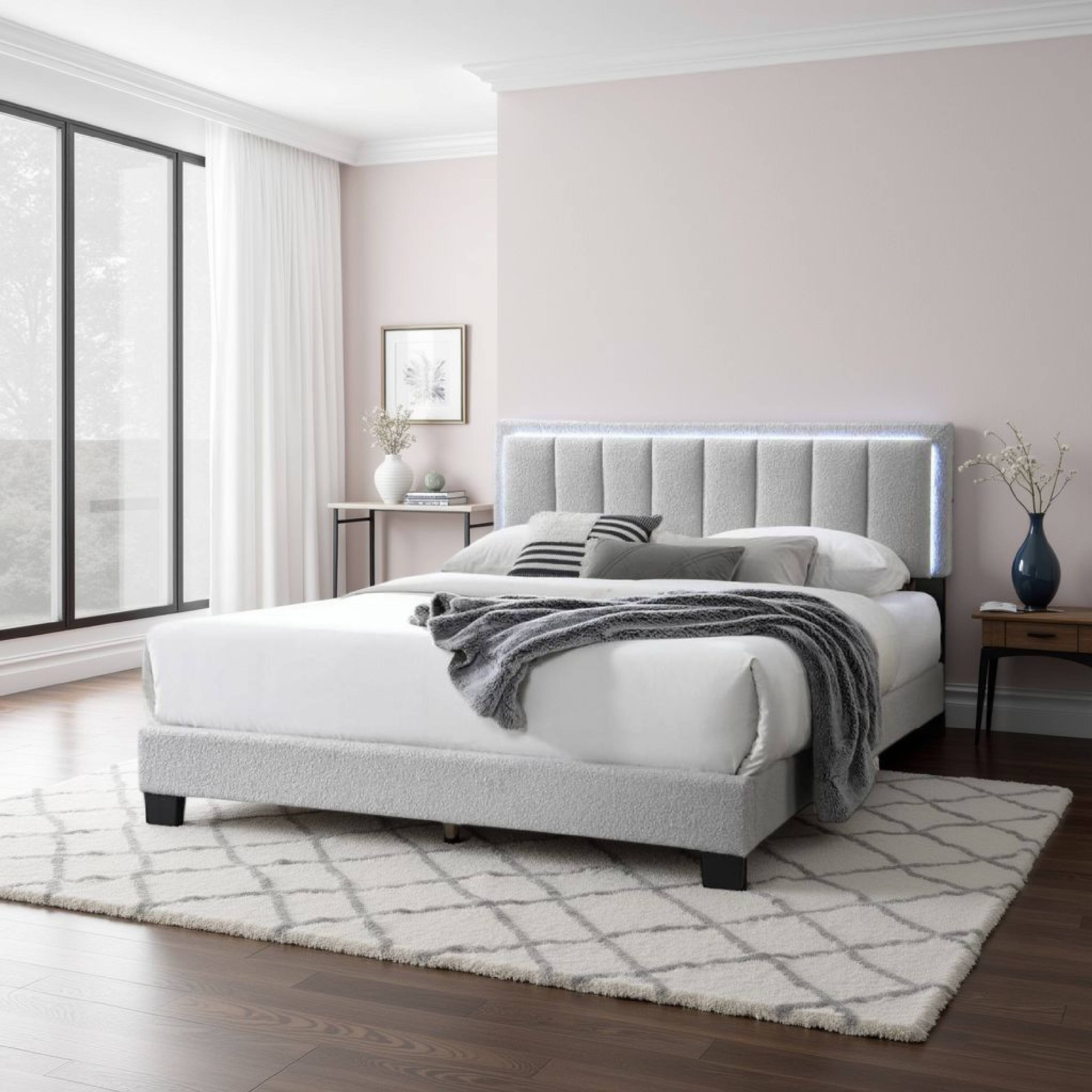 Alt View 5. Manhattan Lane - Zemo Queen Size Bed, LED Headboard, Tufted Light Gray Wool Upholstery - Light Gray, Black.