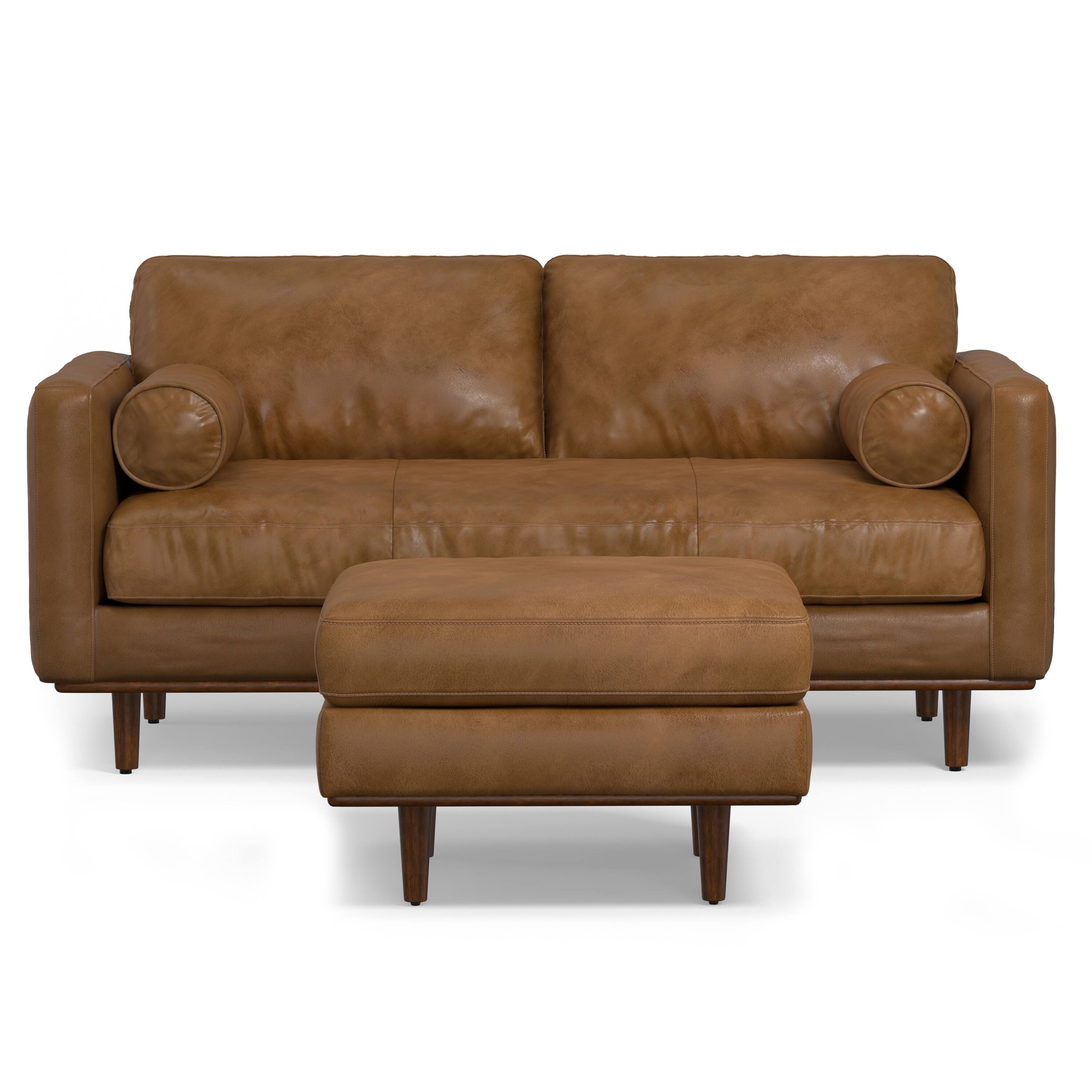 Left. Simpli Home - Morrison Mid-Century Modern 72 inch Wide Sofa with Ottoman Set in Caramel Brown Genuine Leather - Caramel Brown.