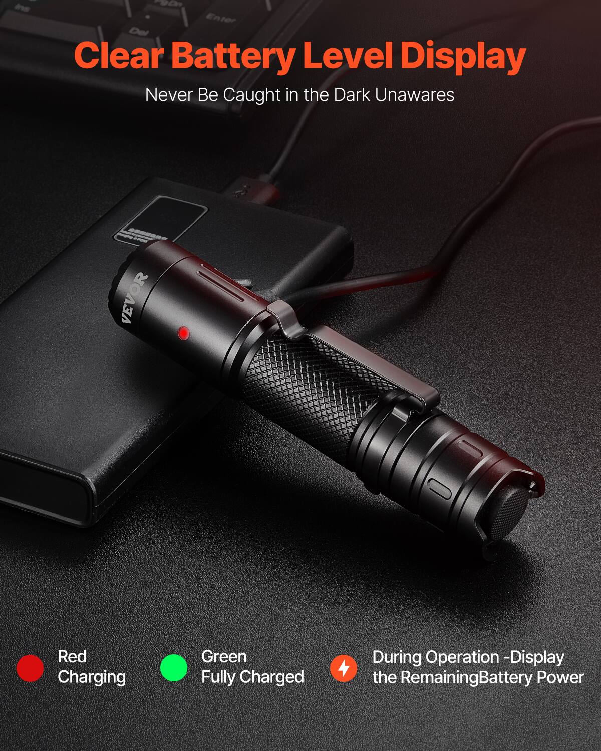 Clear Battery Level Display  
Never Be Caught in the Dark Unawares  

Red Charging  
Green Fully Charged  

During Operation - Display the Remaining Battery Power