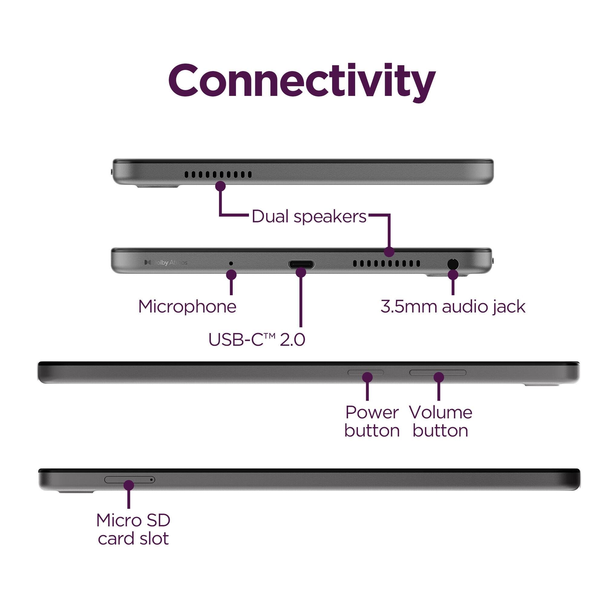 Connectivity

- Dual speakers
- Microphone
- 3.5mm audio jack
- USB-C™ 2.0
- Power button
- Volume button
- Micro SD card slot