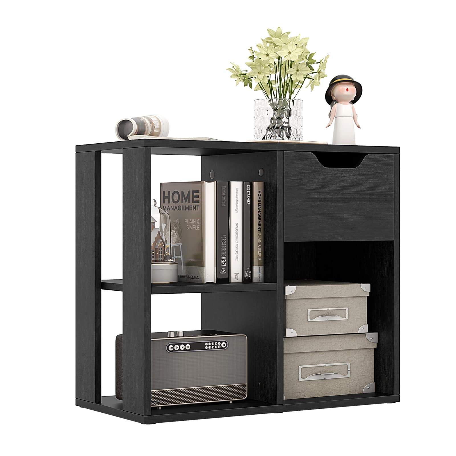 Ecooso - 3-Cube Bookcase 2-tier Wooden Storage Shelf Floor Standing Bookcase with Pull-out Drawer - Black