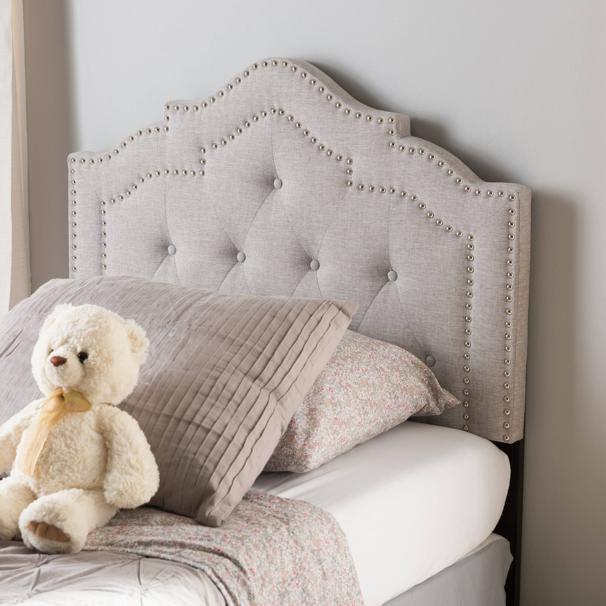 Back. Baxton Studio - Edith Modern and Contemporary Fabric Twin Size Headboard - Greyish Beige.