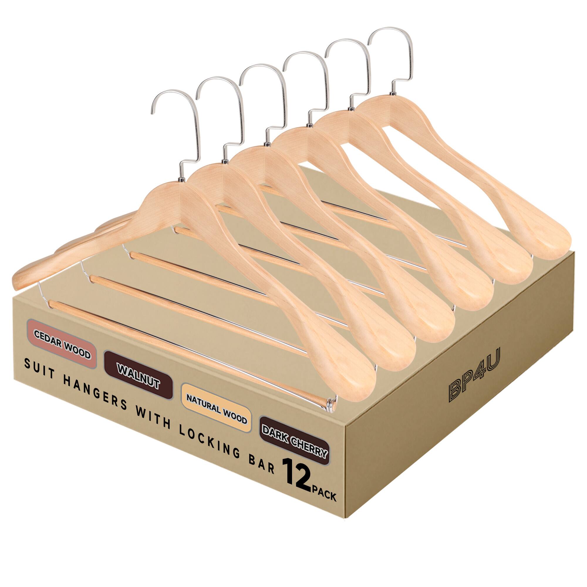 BP4U - 12-Pack Premium Wide Shoulder Wooden Suit Hangers, Solid Wood Clothers Hangers with Locking Bar for Coats - Natural Wood price history on PriceWatchPro