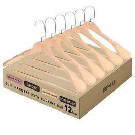 BP4U - 12-Pack Premium Wide Shoulder Wooden Suit Hangers, Solid Wood Clothers Hangers with Locking Bar for Coats - Natural Wood