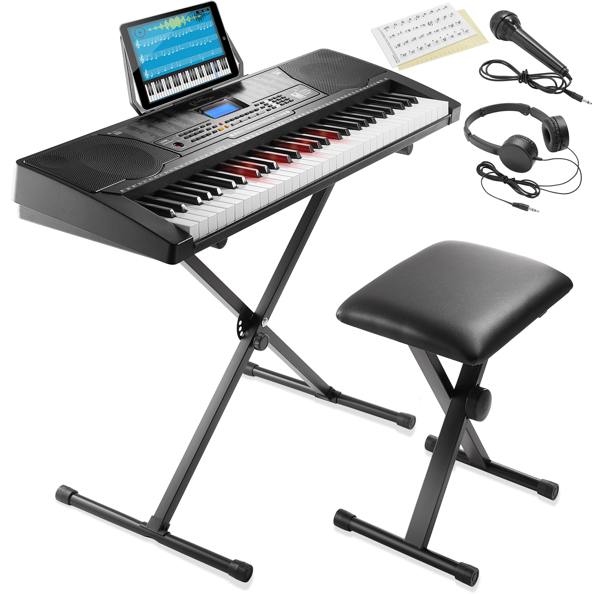 Ashthorpe - 61-Key Electronic Keyboard Piano w Lighted Keys - Stand - Stool and More - Black