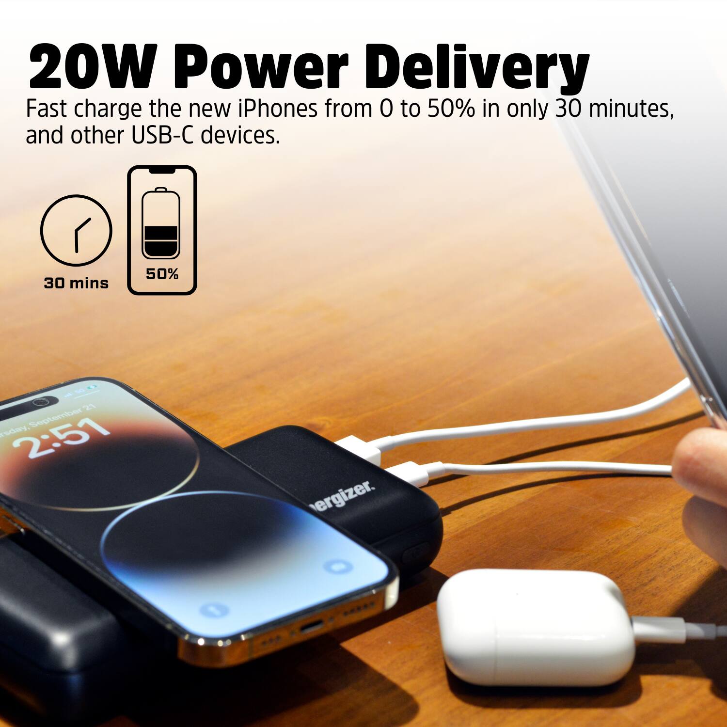 20W Power Delivery Fast charge the new iPhones from 0 to 50% in only 30 minutes, and other USB-C devices. 30 mins 50% ergizer.