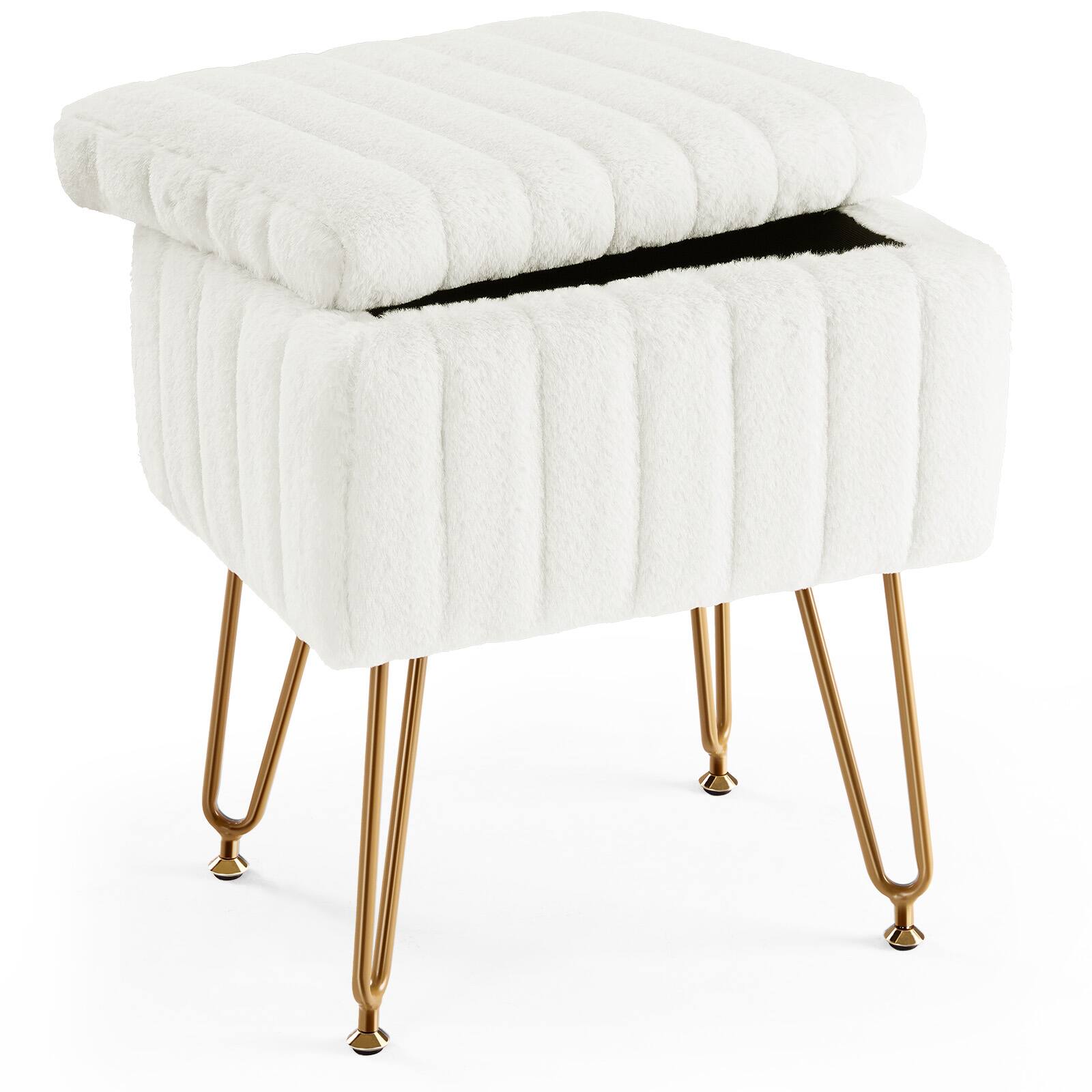 Angle. Lirago - Velvet Vanity Stool with Storage Accent Chair with Storage Cozy Faux Fur Cushion for Bedroom Living Room - White.