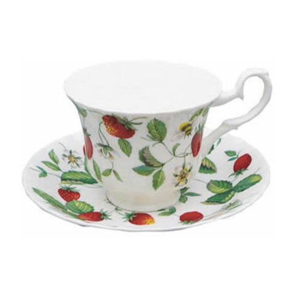 Angle. Jiallo - Roy Kirkham TEACUP&SAUCER.-ALPINE STRAWBERRY.  Bone China Made in England Set of 2 - Mutli color.