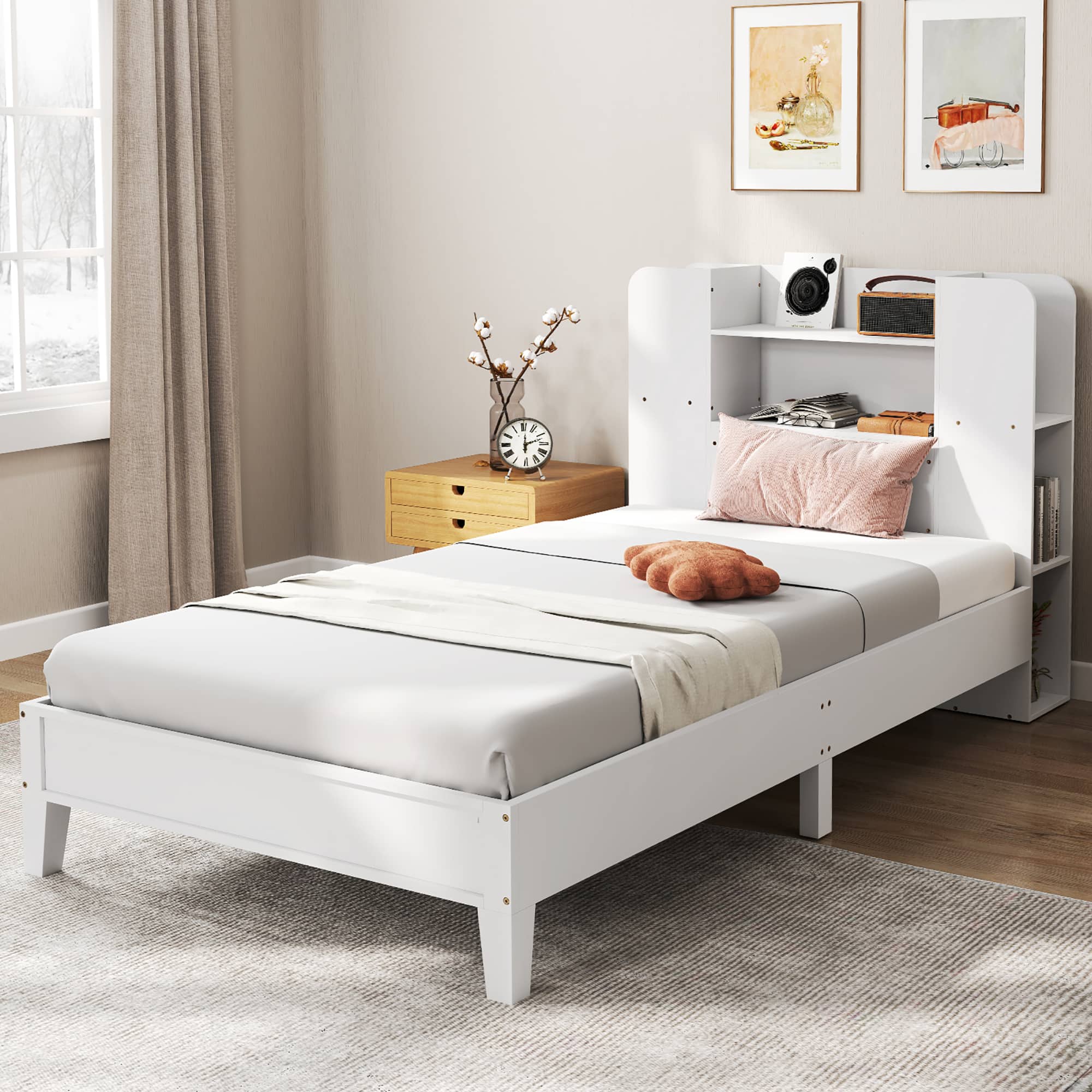 Front. Gymax - Gymax Twin Size Bed Frame Wooden Platform Bed Kids Bed Frame w/ Bookcase Headboard White - White.