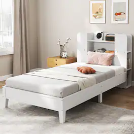 Gymax - Twin Size Bed Frame Wooden Platform Bed Kids Bed Frame w/ Bookcase Headboard - White