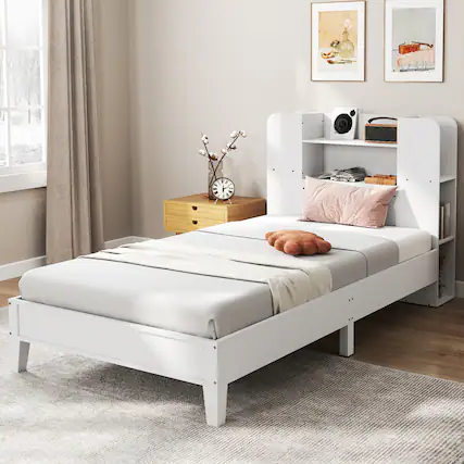 Front. Gymax - Gymax Twin Size Bed Frame Wooden Platform Bed Kids Bed Frame w/ Bookcase Headboard White - White.
