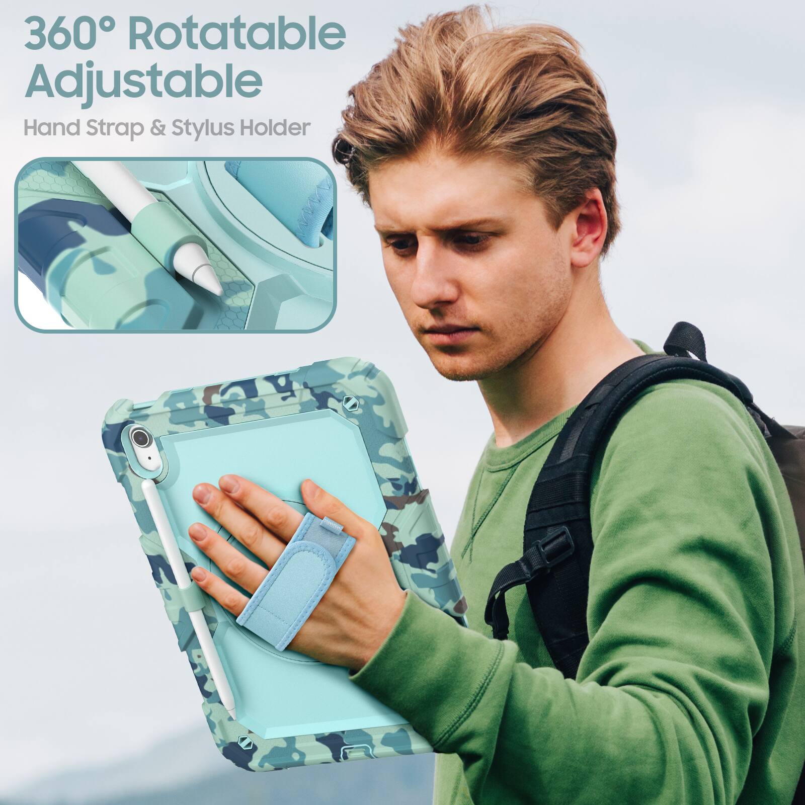 360° Rotatable Adjustable  
Hand Strap & Stylus Holder