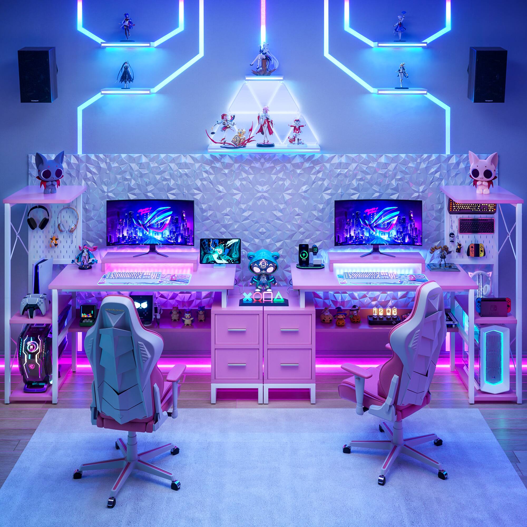 Left. Aheaplus - Gaming Desk with 2 Fabric Drawers and LED Lights, Reversible Computer Desk with Outlets & DIY Pegboard - Pink.