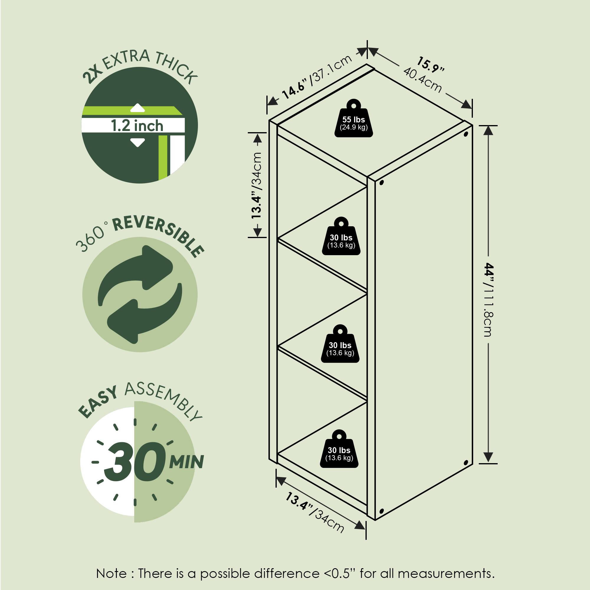 2X EXTRA THICK 1.2 inch  
360° REVERSIBLE  
EASY ASSEMBLY 30 MIN  

14.6" / 37.1 cm  
13.4" / 34 cm  
15.9" / 40.4 cm  
44" / 111.8 cm  

55 lbs (24.9 kg)  
30 lbs (13.6 kg)  
30 lbs (13.6 kg)  
30 lbs (13.6 kg)  

Note: There is a possible difference <0.5" for all measurements.