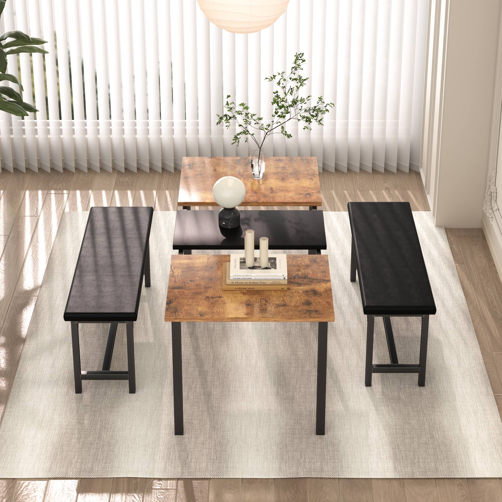 Back. Vecelo - Extendable Dining Set for 2-8: Space Saving Benches, Expandable Farmhouse Table, Waterproof MDF, Black Metal Frame - Brown.