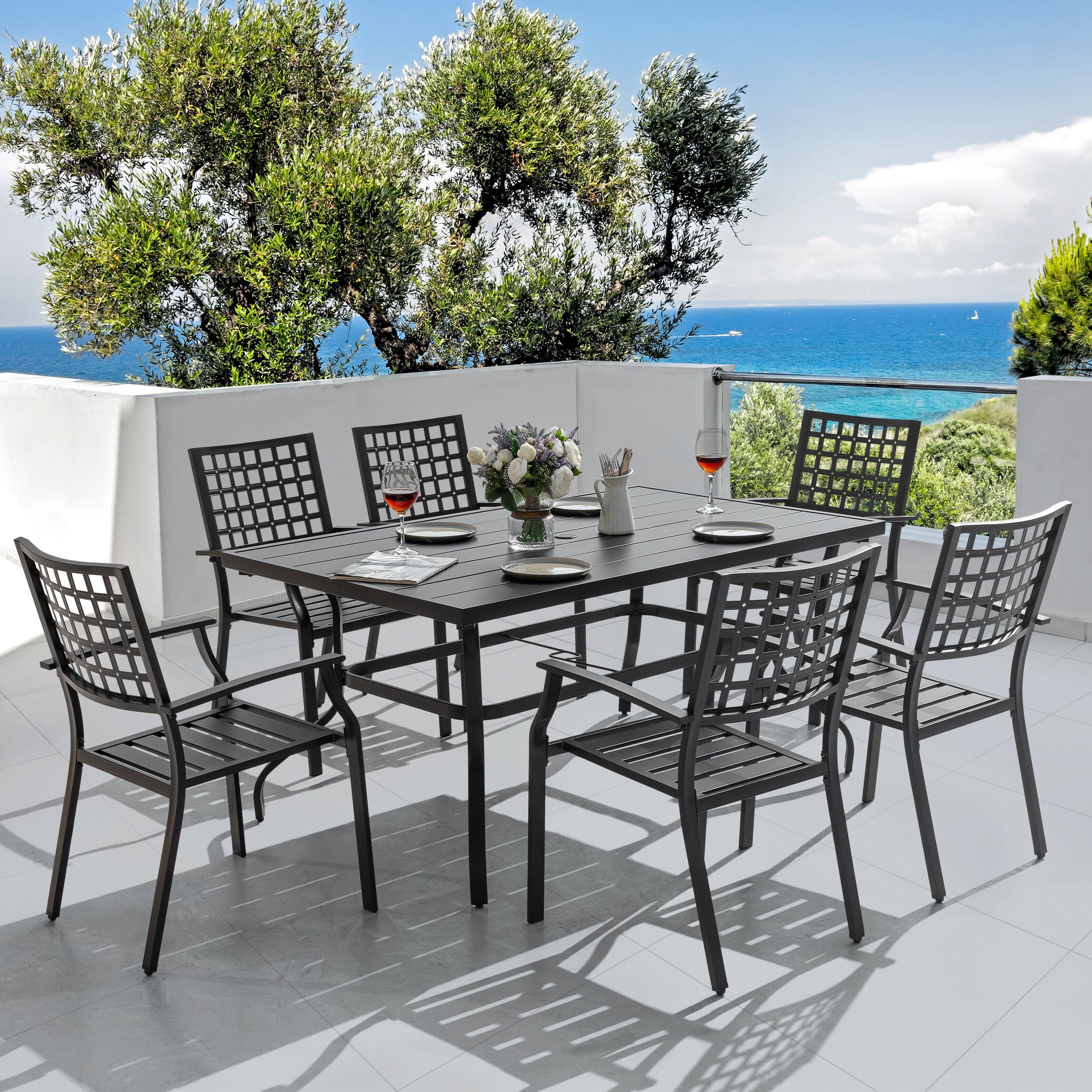 Left. Nuu Garden - Outdoor 7-Piece Powder-coated Iron Dining Set, 6 Chairs and Rectangle Dining Table with 1.57'' Umbrella Hole - Black.