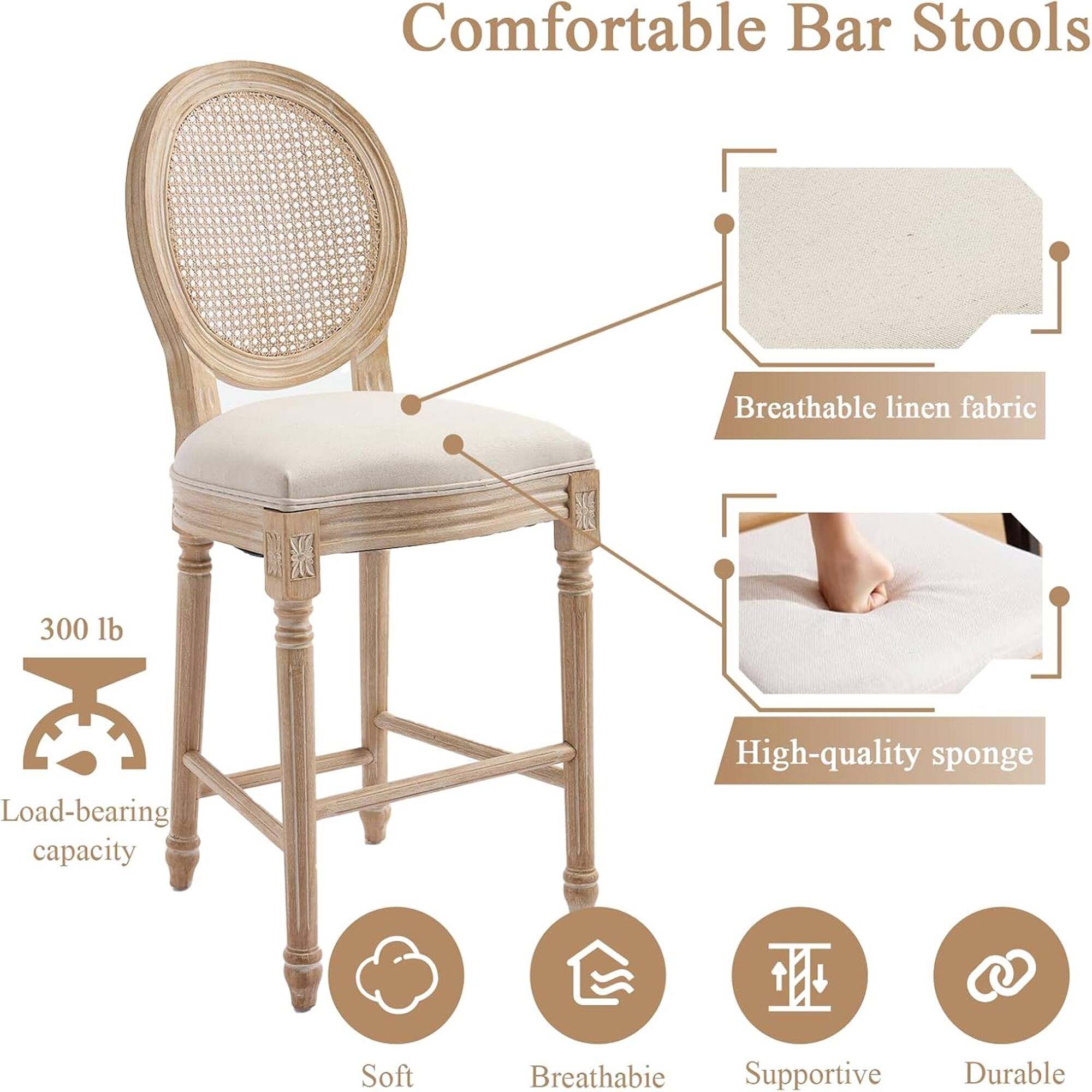 Comfortable Bar Stools

- Breathable linen fabric
- High-quality sponge
- 300 lb Load-bearing capacity
- Soft
- Breathable
- Supportive
- Durable