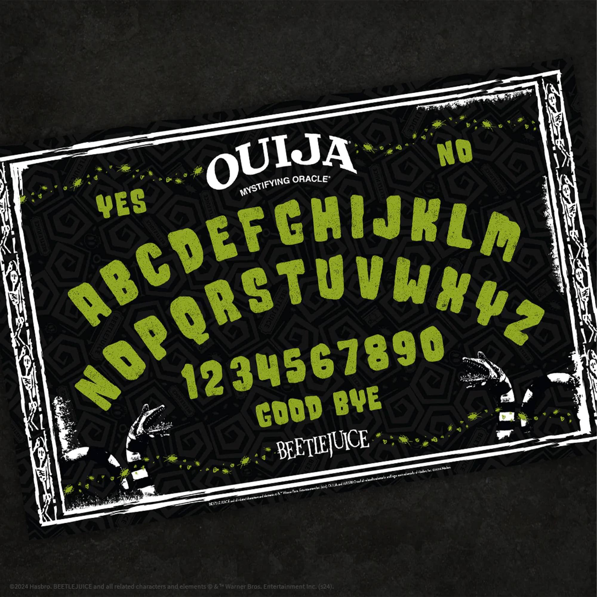 OUIJA NO ORACLE' MYSTIFYING YES SDEFCHWKLM NOPORSSETUNM 1234567890 GOOD BYE BEETLEJUICE - 2024 Hasbro. BEETLEJUICE and all related characters and elements © & Warner Bros. Entertainment Inc. (524).