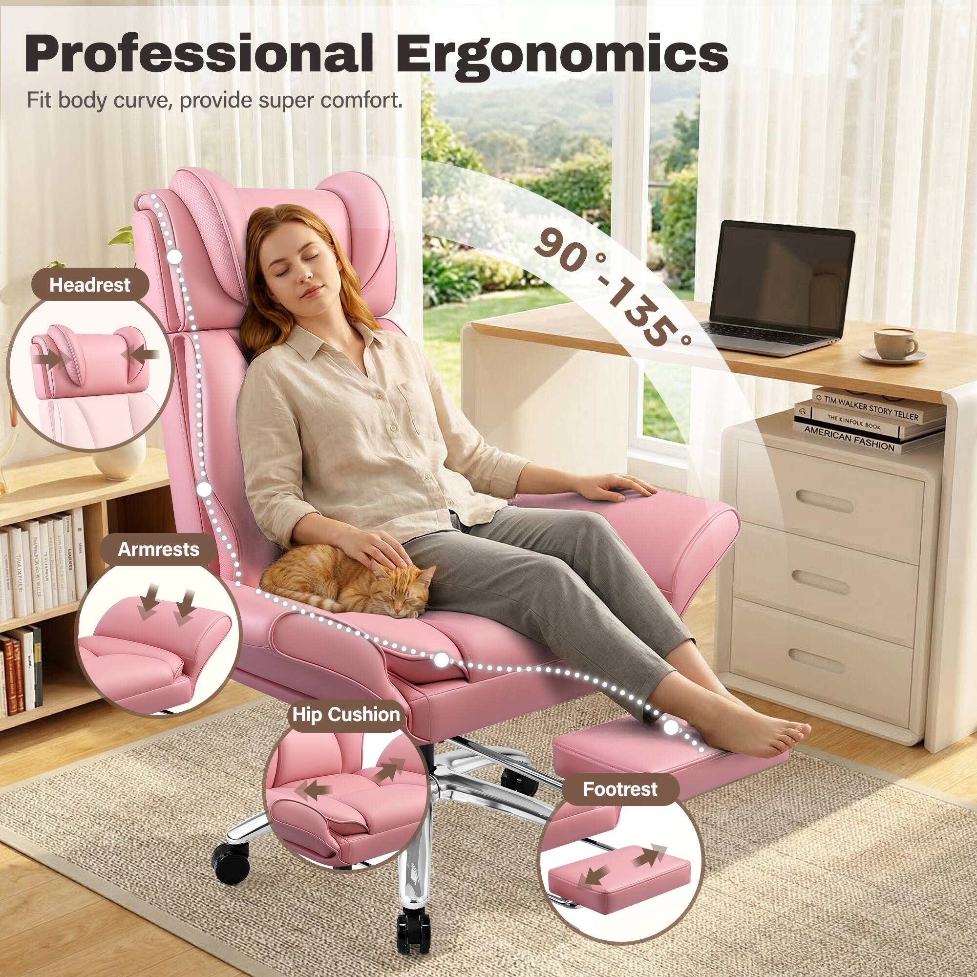 Professional Ergonomics  
Fit body curve, provide super comfort.  

Headrest 90° - 135°  

Armrests  
Hip Cushion  
Footrest  

TM HALKER STORY - TELLER  
KIE AMERICAN FASHION