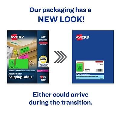 Our packaging has a NEW LOOK!

AVERY 5956
Assorted Neon Shipping Labels

AVERY 5956
2"x4" Assorted Colors with Sure Feed

Either could arrive during the transition.