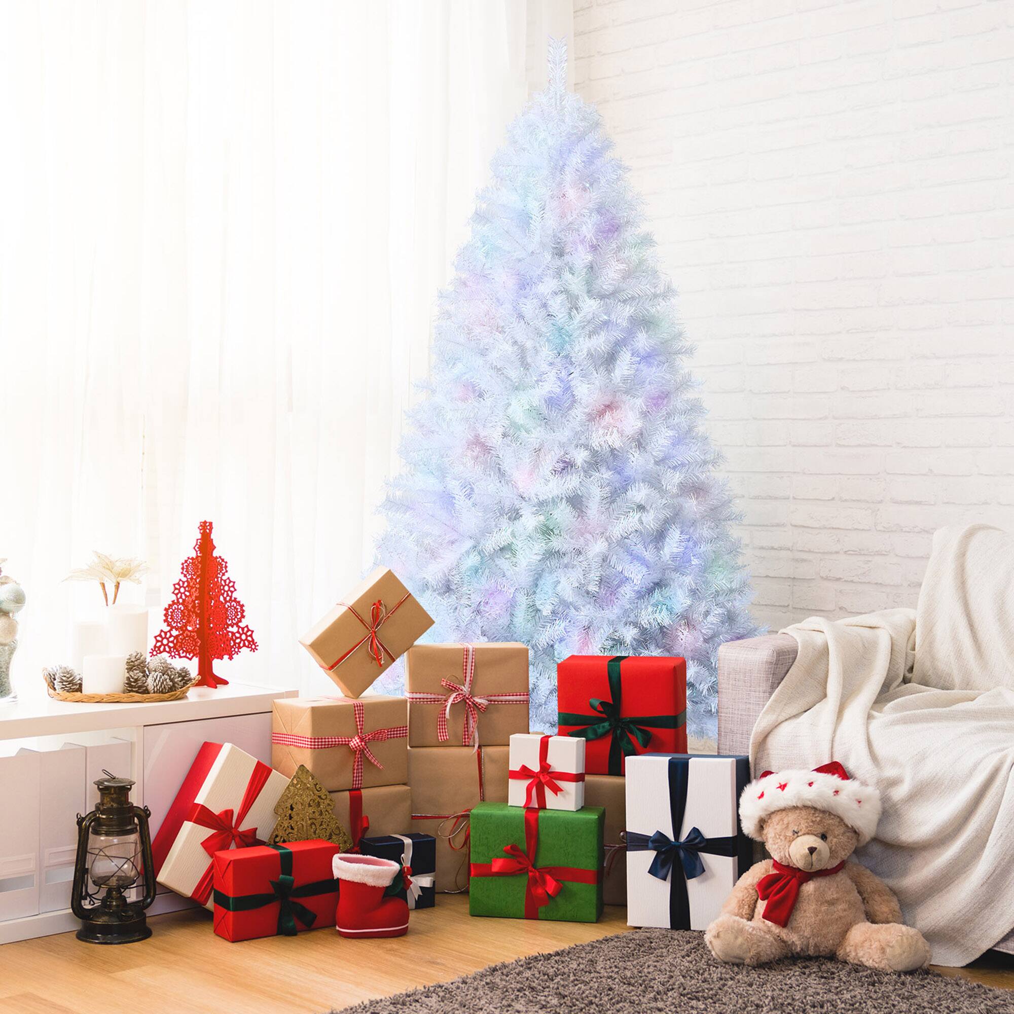 Alt View 2. Gymax - Gymax 7 FT White Artificial Christmas Tree Hinged Unlit Iridescent Xmas Tree - White.