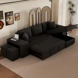LUCKY ONE - 104.5" L-Shape Reversible Pull-Out Sleeper Sectional Sofa with Storage Chaise & 2 Stools - Charcoal grey