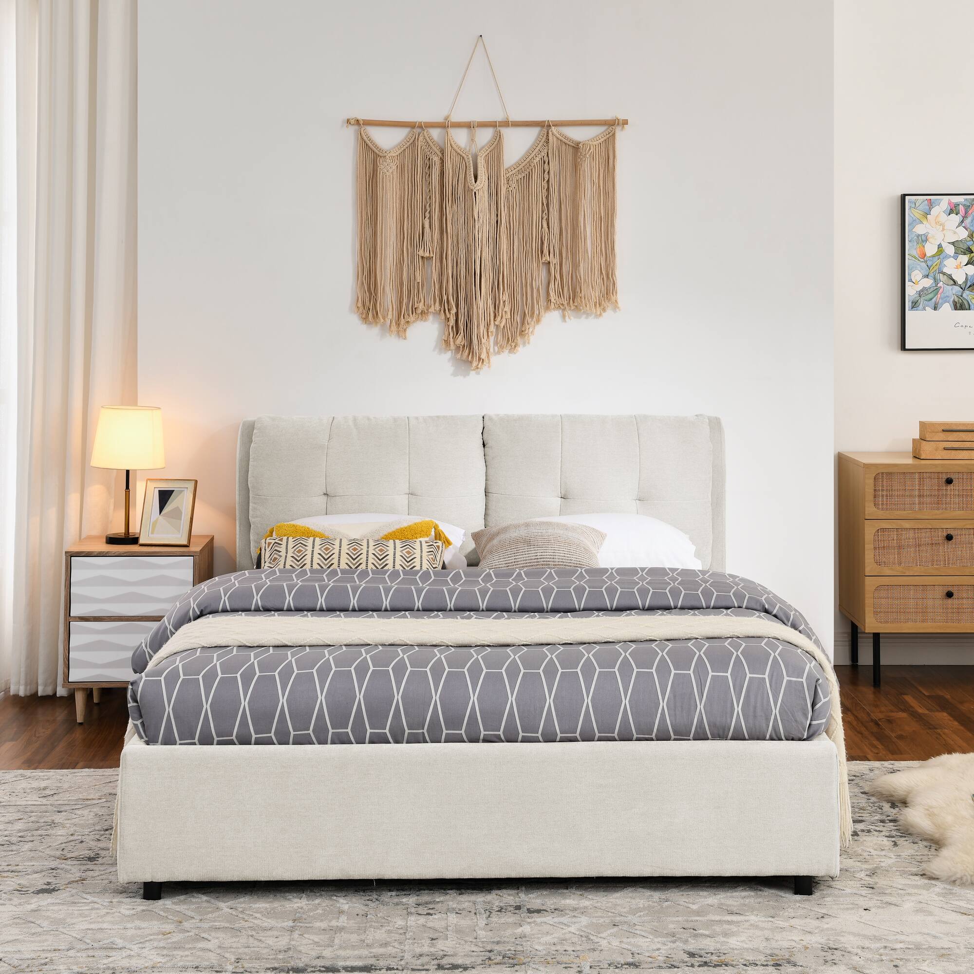 Back. Anysun - Queen Size Storage Upholstered Hydraulic Platform Bed with Integrated Headboard, Chenille Fabric - Beige.